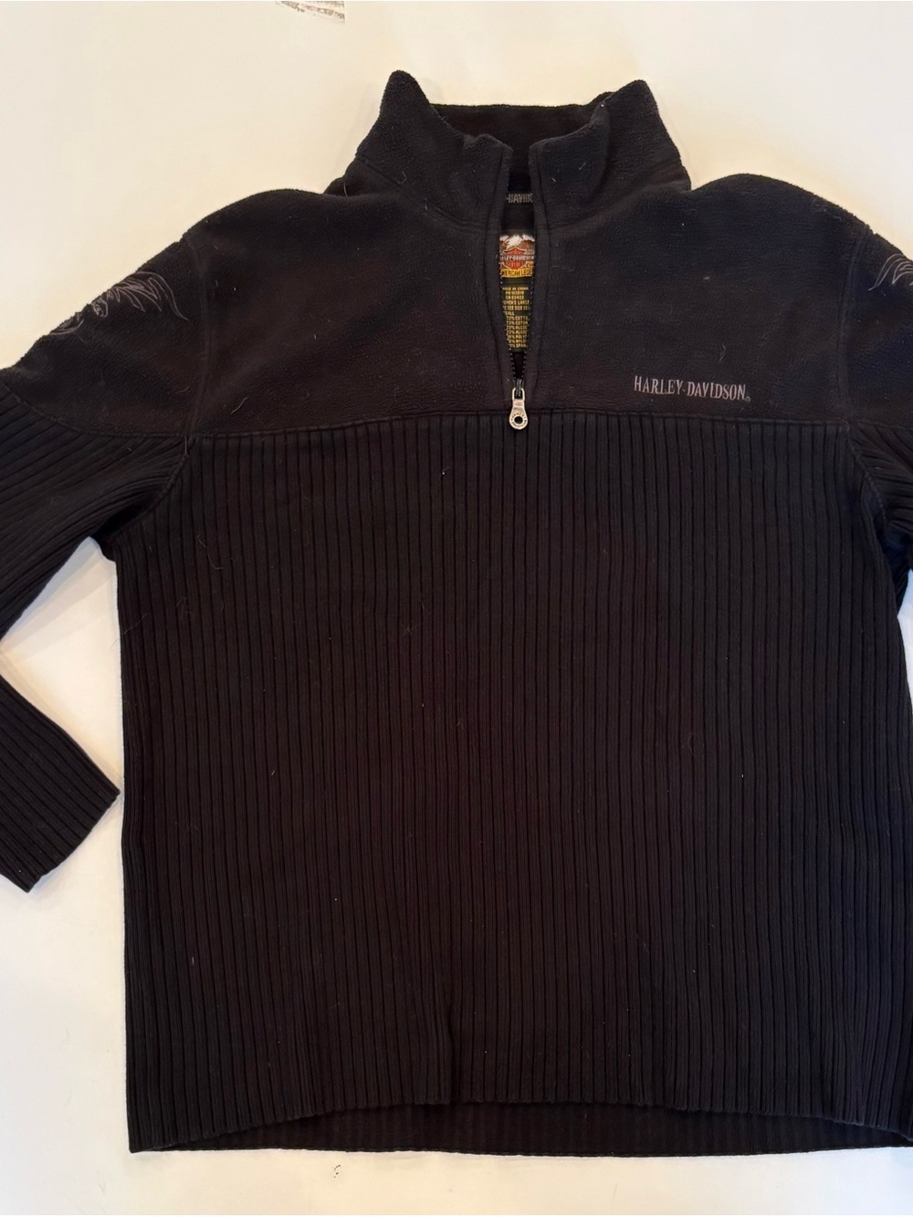 Harley Davidson women’s black ribbed quarter zip sweater-large-sleeve logos